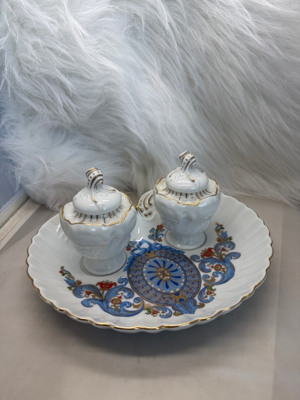 White Porcelain Decorative Condiment Set with Blue & Gold Accents